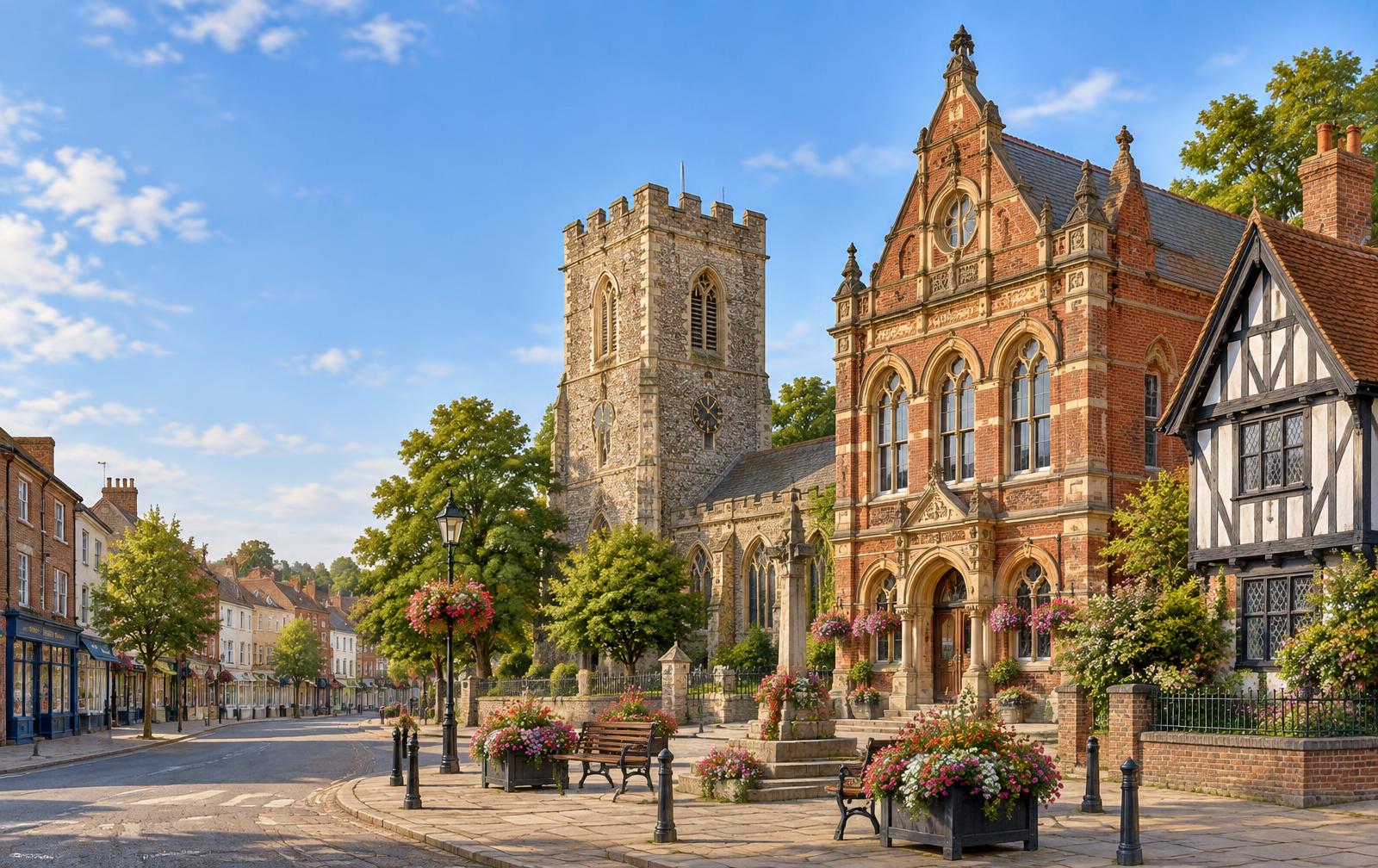 Illustration of Haverhill town centre with independent shopfronts, St Mary's Church, Haverhill Arts Centre and Anne of Cleves House